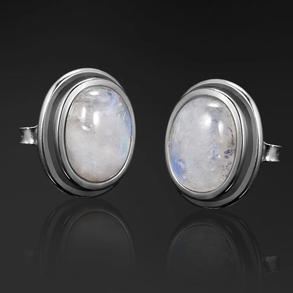 Natural moonstone earring studs sterling silver - Blue Flashy Moonstone Jewelry - Picture 2 of 5